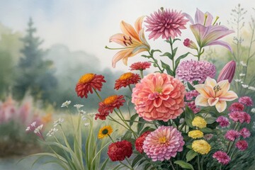 A watercolor painting of a vibrant summer garden featuring lilies, dahlias, zinnias, and other wildflowers blooming in a lush green landscape