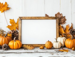 rustic autumn mock-up scene with blank canvas frame surrounded by dried orange pumpkins, golden maple leaves and vintage thanksgiving decorations