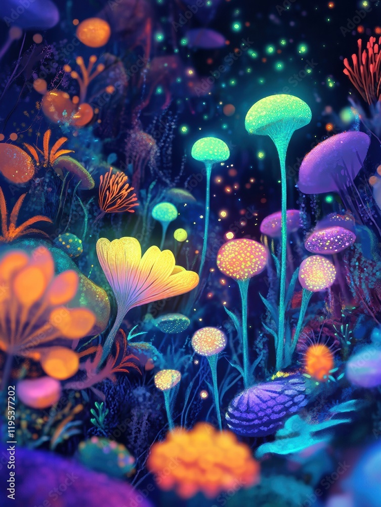 Leinwandbilder Discovering a vibrant microscopic ecosystem filled with colorful friendly microbes and flora in an enchanting setting. Generative AI