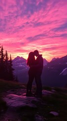 Obraz premium Romantic Silhouette Couple Against Vibrant Sunset Sky in Mountains