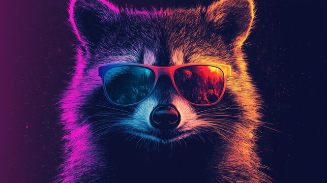 Cool raccoon in vibrant sunglasses against a cosmic backdrop.  A stylish and unique digital art piece.
