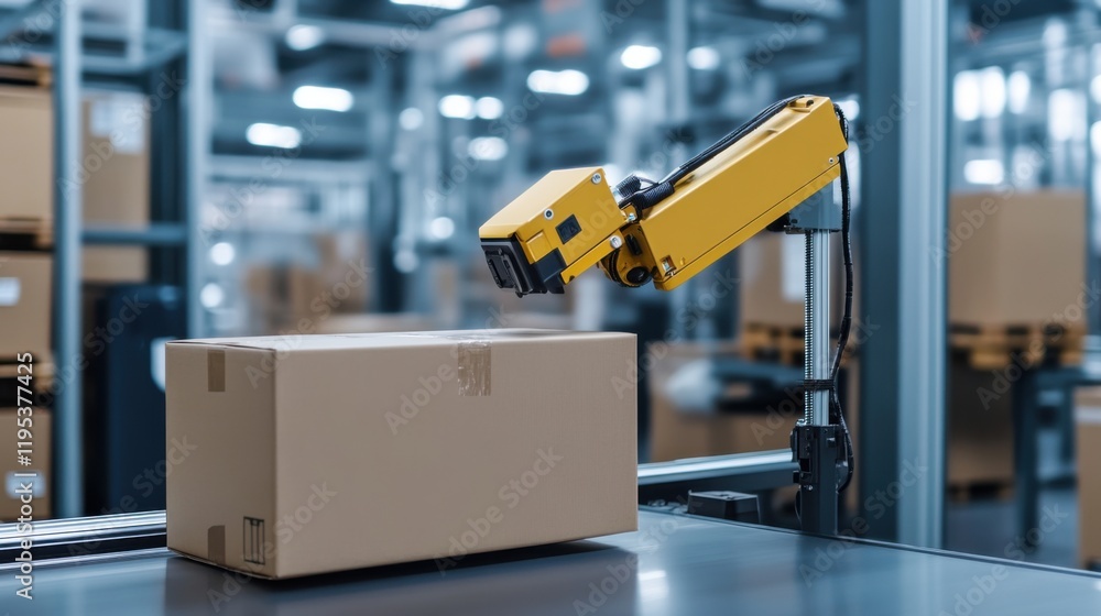 Poster robotic arm in modern warehouse handling cardboard box for automated sorting and packaging solutions