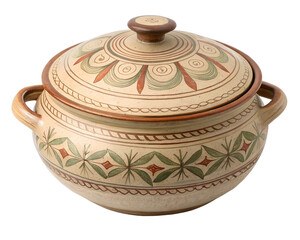 Round ceramic pot with handles, traditional style on transparent background