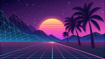 Fototapeta premium Retro Sunset Over Wireframe Mountains and Palm Trees