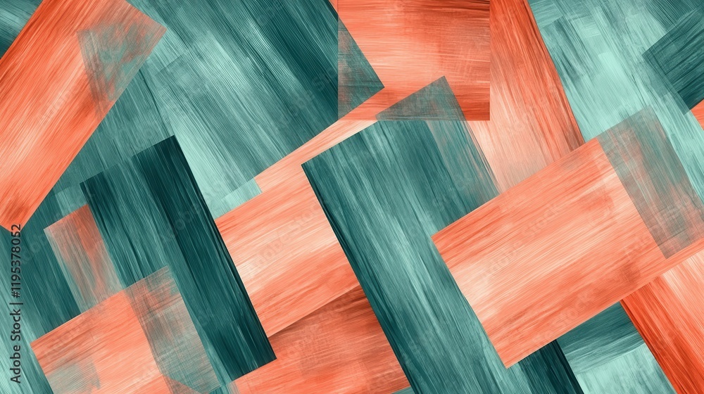 Poster abstract composition featuring coral pencil strokes with turquoise contrasts in dynamic arrangement 