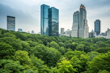 A verdant canopy of trees shelters a bustling urban skyline, showcasing a harmonious blend of nature and architecture.