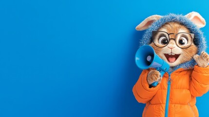 Obraz premium Adorable bunny in an orange puffer jacket and glasses holds a megaphone against a blue background.