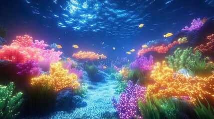 Naklejka premium An underwater view of a coral reef at night, with bioluminescent creatures lighting up the scene, creating a magical nighttime atmosphere 
