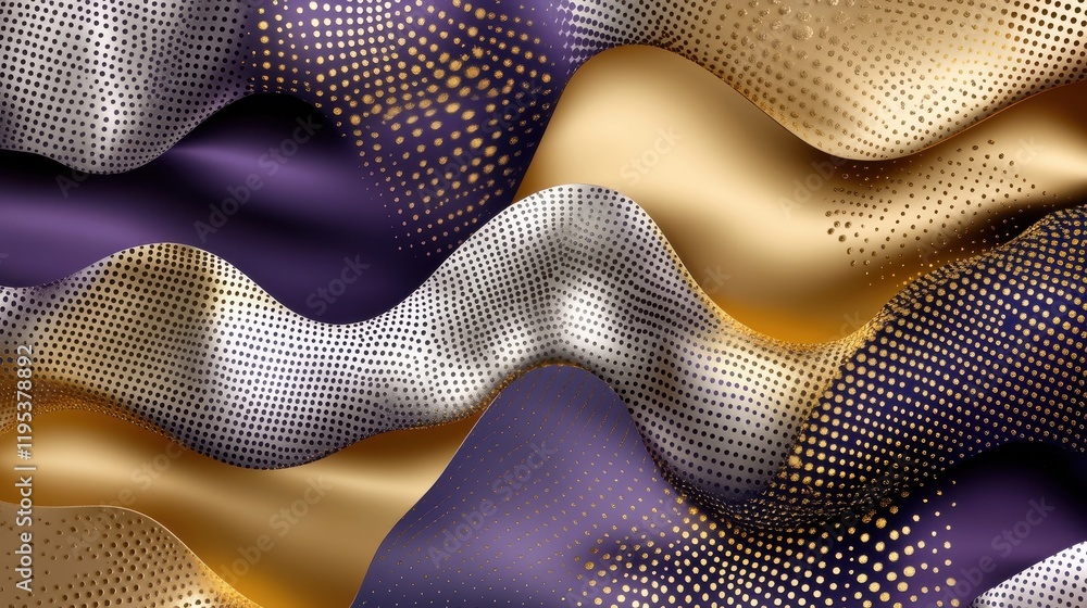 Poster abstract geometric background featuring dynamic wave patterns in gold, white, and purple hues with a