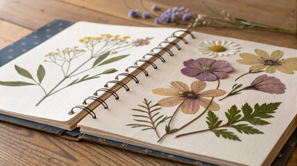 Notebook with dried flowers and botanical arrangement