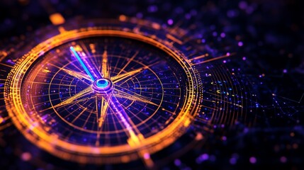 A futuristic compass glows with vibrant orange and purple hues, guiding the way through a digital landscape.