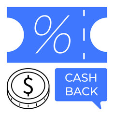 Percentage voucher design, coin with dollar sign, and cashback speech bubble. Ideal for discounts, savings, retail deals, promotions, financial incentives, loyalty programs and e-commerce campaigns