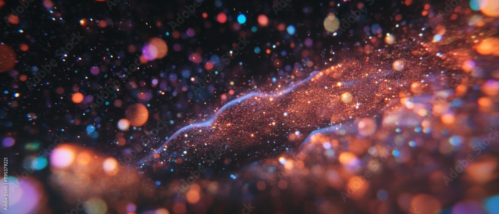 Poster vibrant abstract cosmic background featuring glimmering particles and swirling colors in deep space