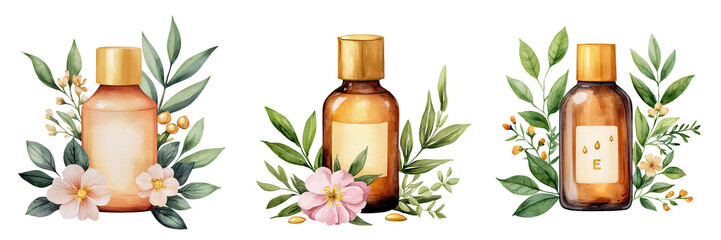 Golden Vitamin Serum Bottles Surrounded by Greenery