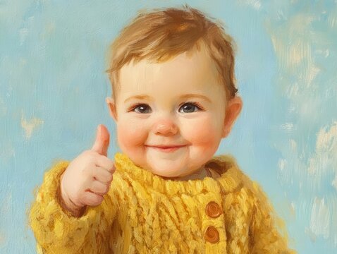 smiling baby gives a thumbs up while dressed in a cheerful yellow sweater, set against a soft blue backdrop. the image radiates joy and innocence, perfect for family-themed art