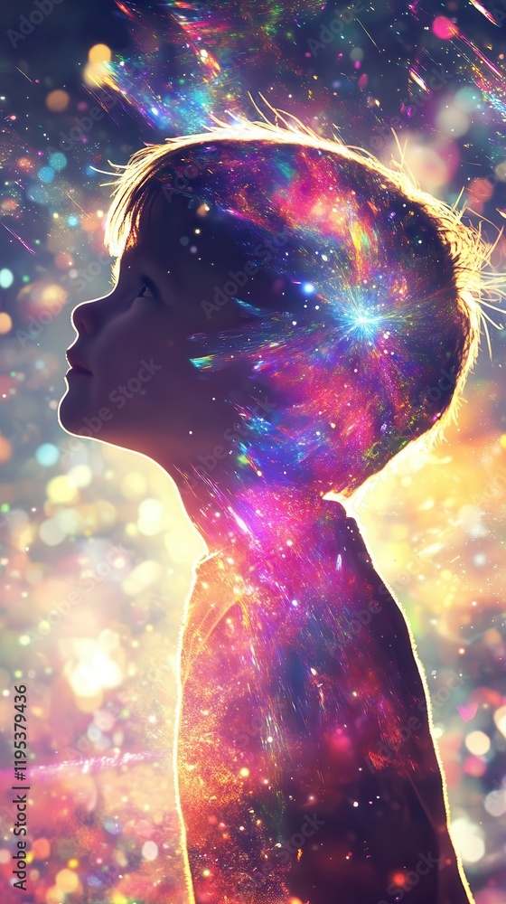 Poster Child radiating vibrant colors and lights while gazing into the distance during a magical moment of imagination and wonder