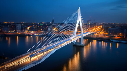 Obraz premium A modern city bridge illuminated by energy-efficient