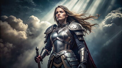 Woman in armor with dramatic clouds in the background