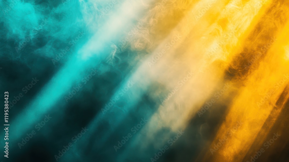 Poster cyan and yellow rays create a vibrant atmosphere with dramatic light and color interplay