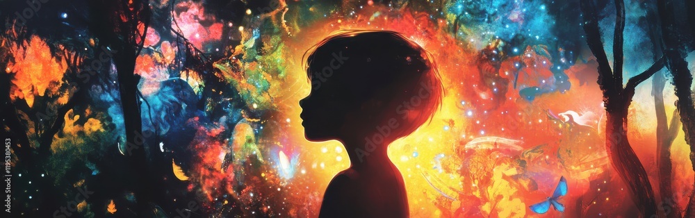 Aufkleber silhouette of a child surrounded by a colorful cosmic backdrop in a dreamlike forest setting at twil