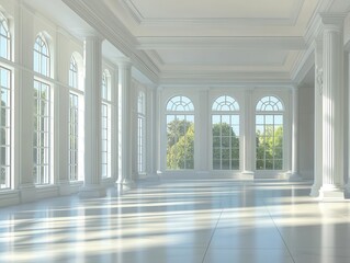 Fototapeta premium spacious interior with grand columns and tall windows, showcasing a 3d rendering of an empty space, inviting for architectural designs or event planning, bright and open feel