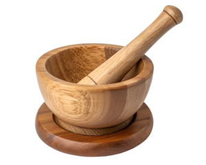 Wooden mortar with a matching pestle on transparent background