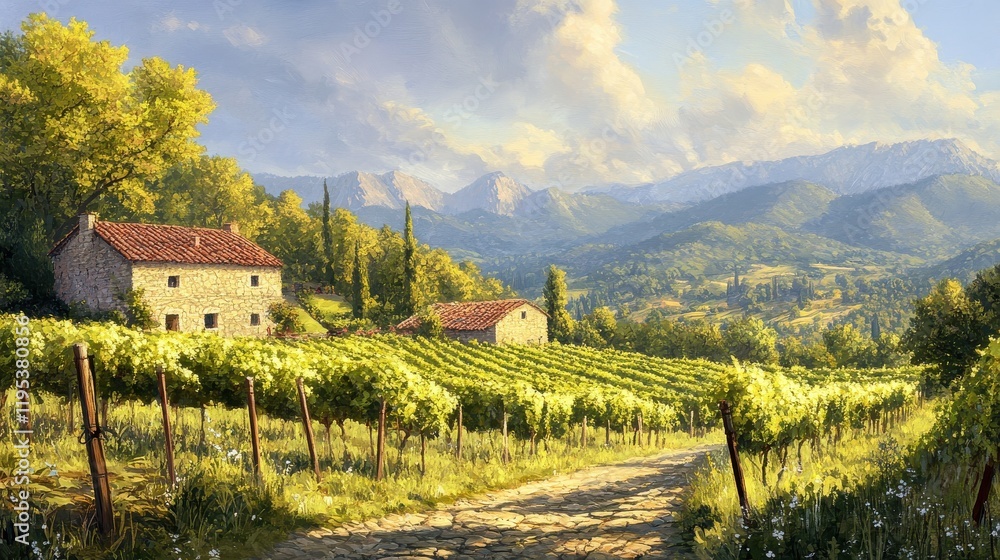 Poster tranquil spring landscape with vineyards and rustic houses in a serene mountain setting