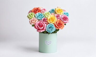 Beautiful assorted roses arranged in a heart shape for a special occasion in a decorative vase. Valentine’s Day, date, engagement, love, wedding, background