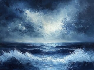 Obraz premium spooky ocean scene featuring a dark blue sky filled with haunting clouds, waves crashing against the shore, an atmosphere of mystery and gloom creating a sense of foreboding