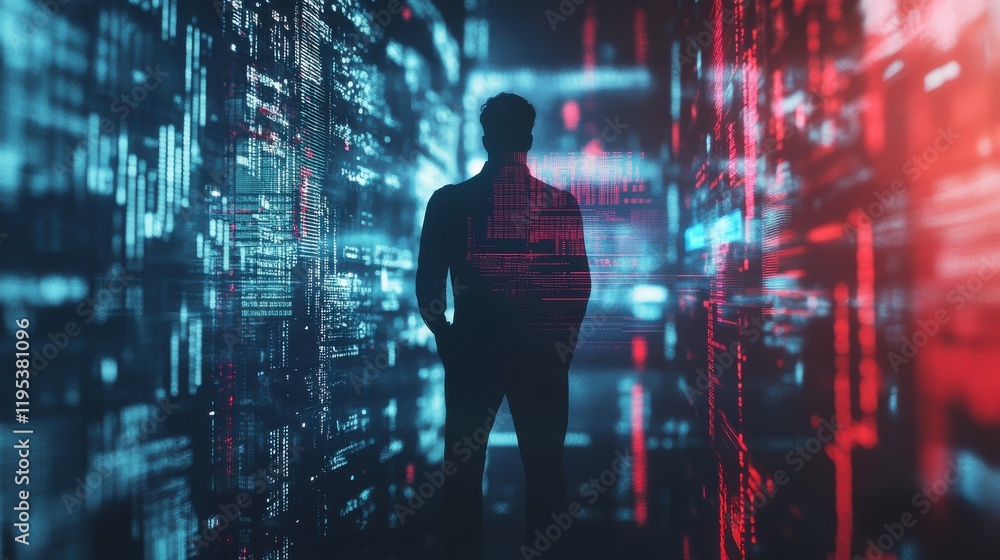 Poster dynamic trading environment with a silhouetted figure surrounded by patterns of data