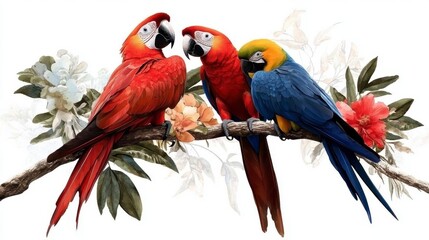 Obraz premium Vibrant Stained Glass Parrots in Watercolor, intricate design, bold colors, elegant composition, clean white backdrop, high-resolution artwork