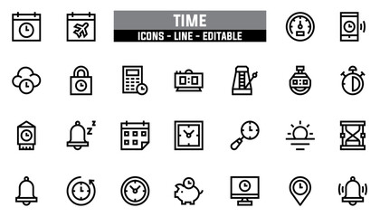 Set of 25 line icons time. Editable stroke. Vector illustration