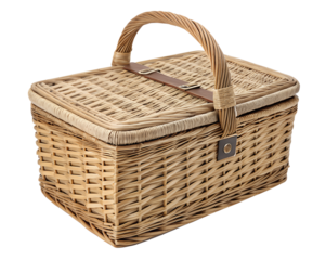Wicker picnic basket with a handle for carrying on transparent background