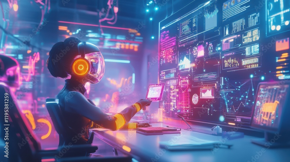 Poster Digital avatars interacting in a high tech workspace illuminated by vibrant neon colors and advanced screens. Generative AI