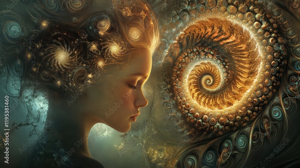 Poster surreal glowing woman immersed in intricate patterns of light and cosmic elements