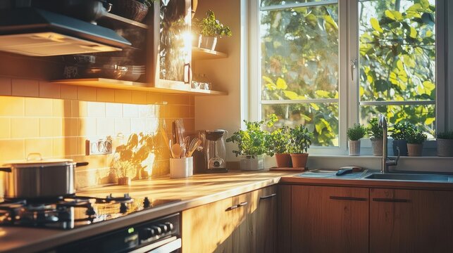 stylish and modern kitchen interior featuring a cooking cabinet and a sunlit window, creating an inviting environment for culinary creativity