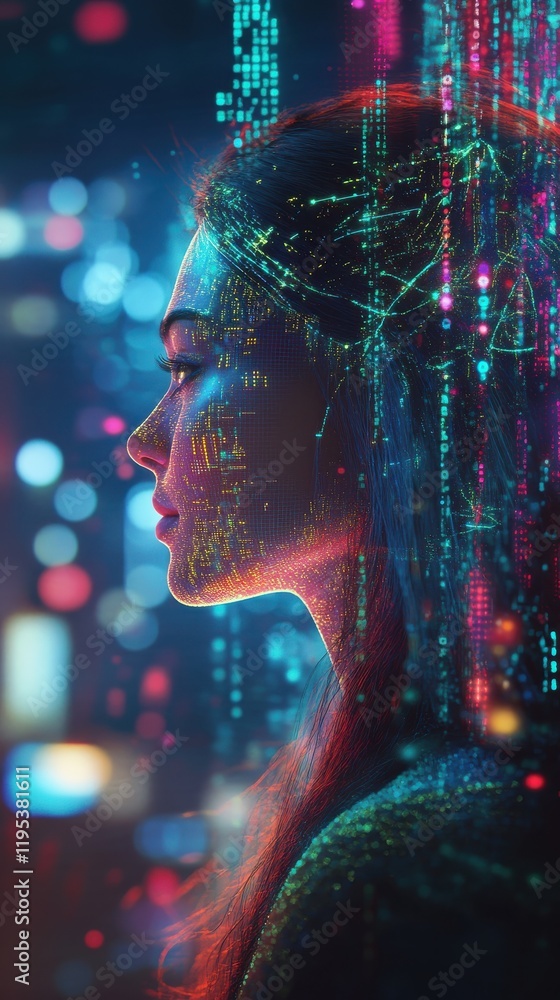 Aufkleber surreal depiction of a woman's profile surrounded by vibrant digital elements in a futuristic settin