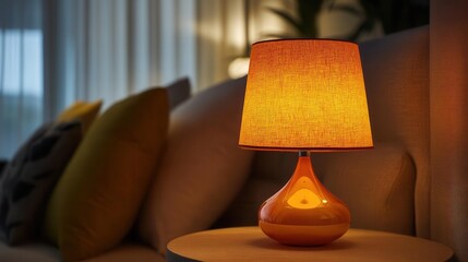 stylish orange lamp casting a warm glow in a cozy bedroom, complemented by decorative pillows and modern interior design elements