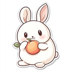 Obraz premium White bunny holds peach, digital art sticker, white background for design