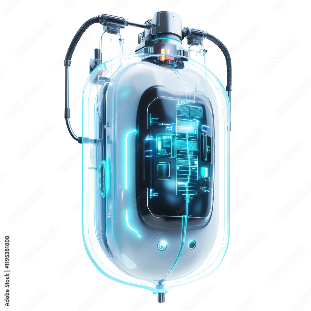 Poster a sleek futuristic medical device with a transparent casing showing an intricate internal system and