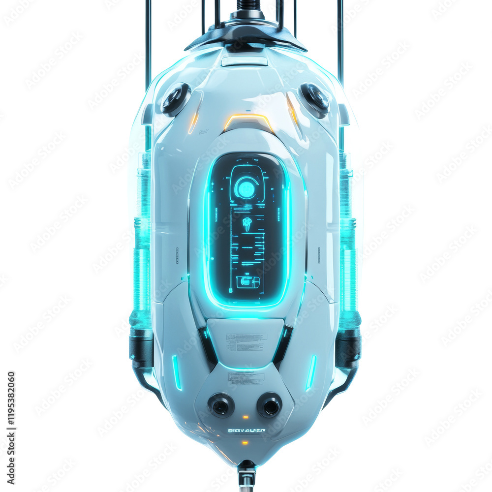 Poster a futuristic white robotic device with a glowing blue interface is shown in a 3d render.