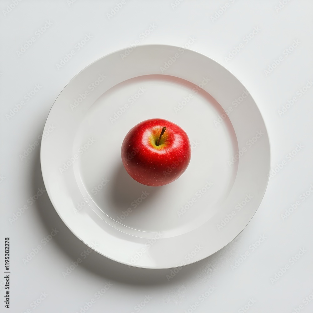 Poster Simple presentation of a single red apple on a white plate against a neutral background in soft lighting