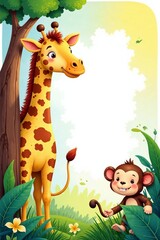 Obraz premium A playful cartoon scene featuring a giraffe and a monkey in a vibrant natural setting.