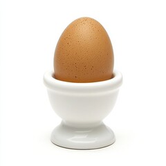 Brown egg resting in a simple ceramic egg cup on a clean background for a minimalist kitchen setting
