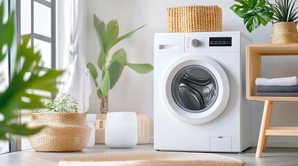 A modern and minimalist laundry closet design featuring sliding panels compact washing machine and integrated storage shelves creating a streamlined and efficient household space