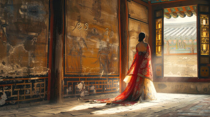 Fototapeta premium An Asian woman wearing a traditional hanbok, standing in a historic Korean palace, rich colors and cultural details