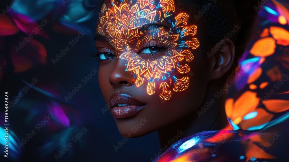 Poster serene model portrait with glowing patterns on face evoking a sense of tranquility and vibrant beaut