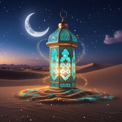 Ramadan Kareem - Arabic Lantern At Night In desert With Crescent Moon And Magic Glittering - Eid Ul Fitr. Generative Ai 