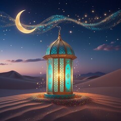 Ramadan Kareem - Arabic Lantern At Night In desert With Crescent Moon And Magic Glittering - Eid Ul Fitr. Generative Ai 