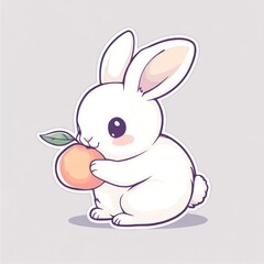 Fototapeta premium Cute white bunny holding peach, digital art, plain background, children's book illustration